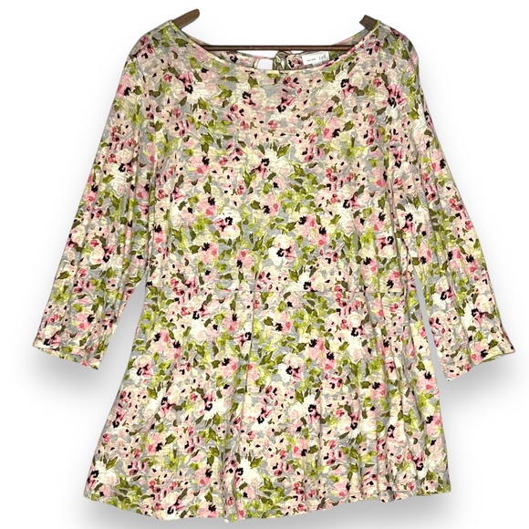 J. Jill Love 100% Linen Floral Pink Tunic‎ Blouse Tie Back Lagenlook Coquette L - Picture 1 of 12